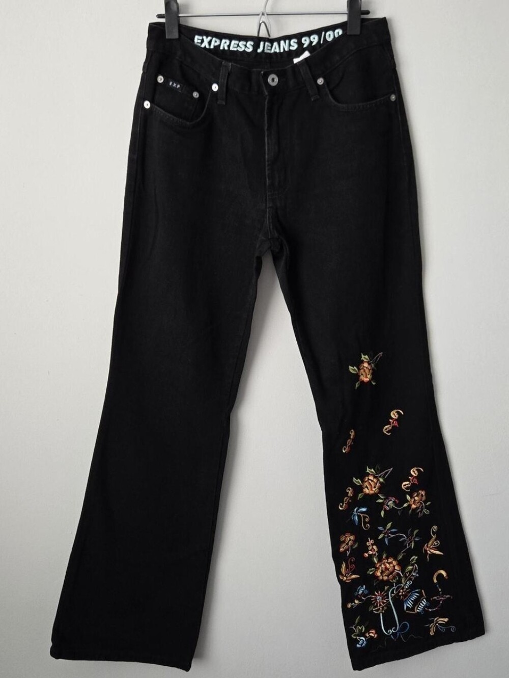 Y2K Express Jeans 99/00 Black Floral Butterfly Embroidered Flare Jeans